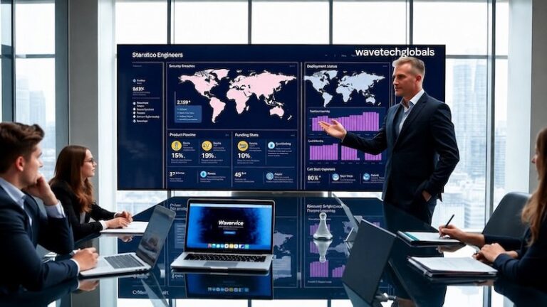 Business team reviewing digital analytics with tech guru wavetechglobal technology presentation.