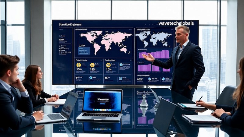 Business team reviewing digital analytics with tech guru wavetechglobal technology presentation.